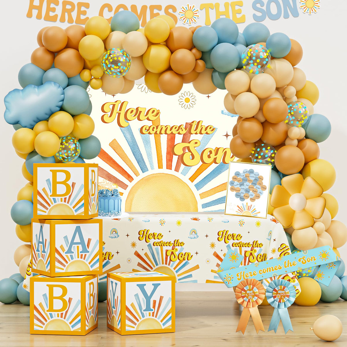 HYCSANBAO Here Comes the Son backdrop adds festive baby shower ambiance.
