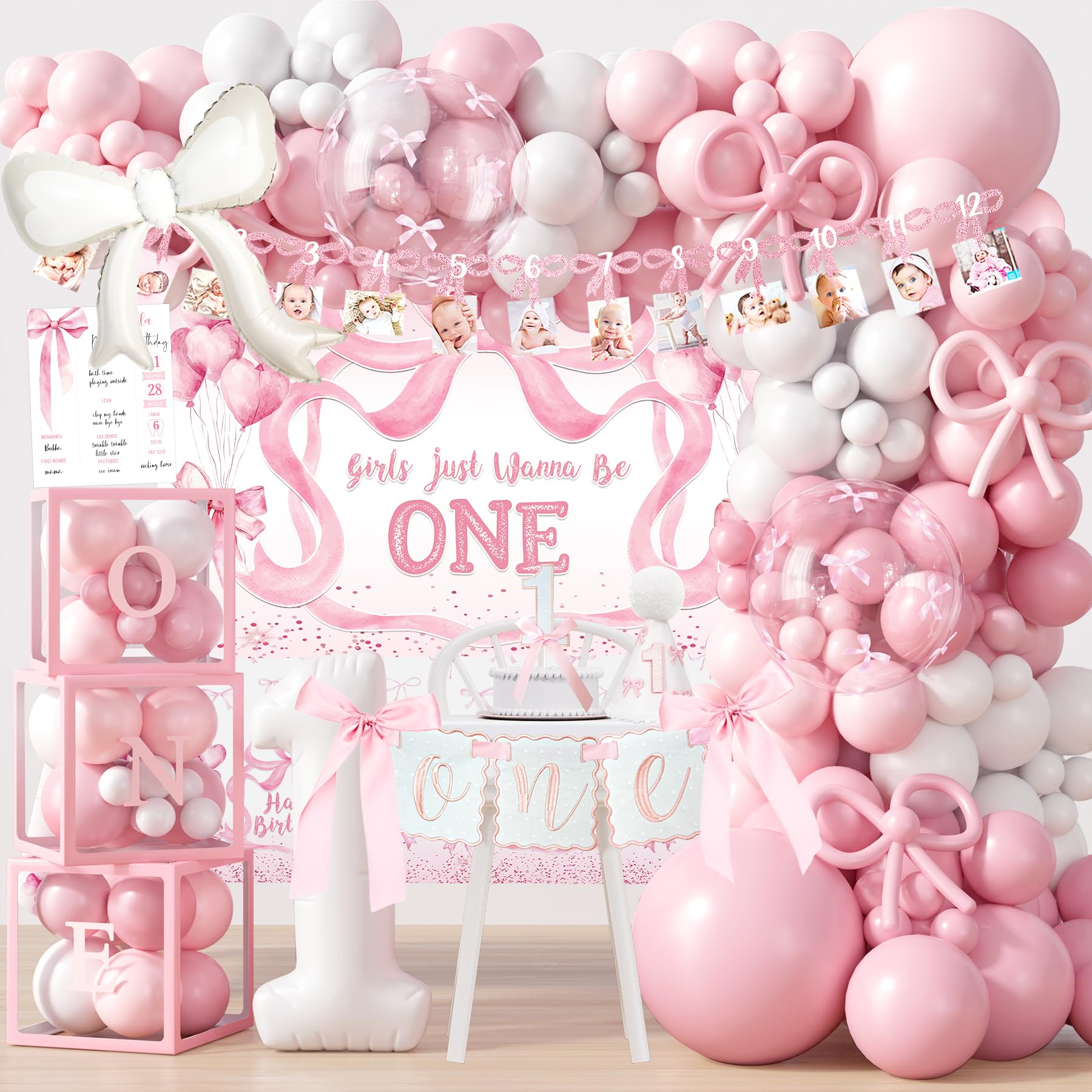 HYCSANBAO pink bow backdrop enhances a cute first birthday photo setup