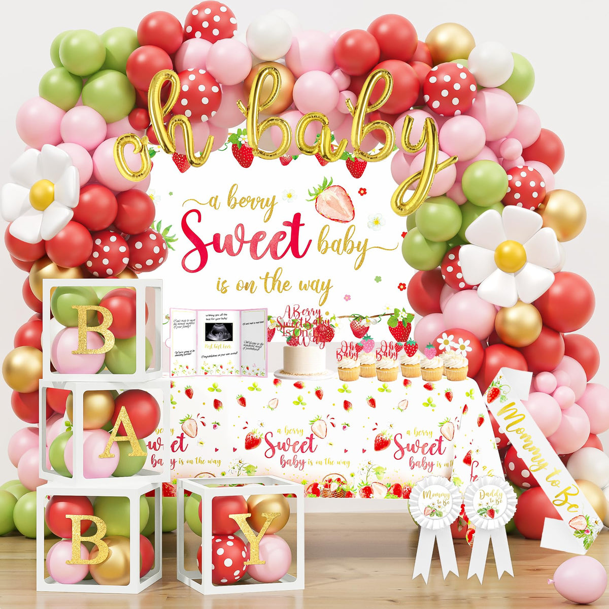 HYCSANBAO strawberry baby shower backdrop highlights a festive focal point for photos.