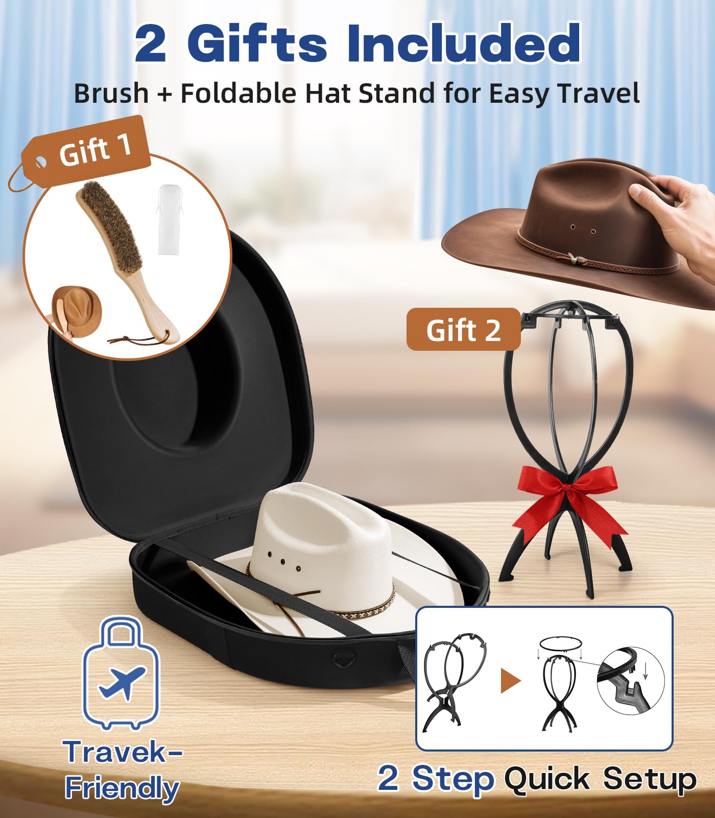 HYDERMUS hat box comes with a 100% horsehair brush for quick cleaning