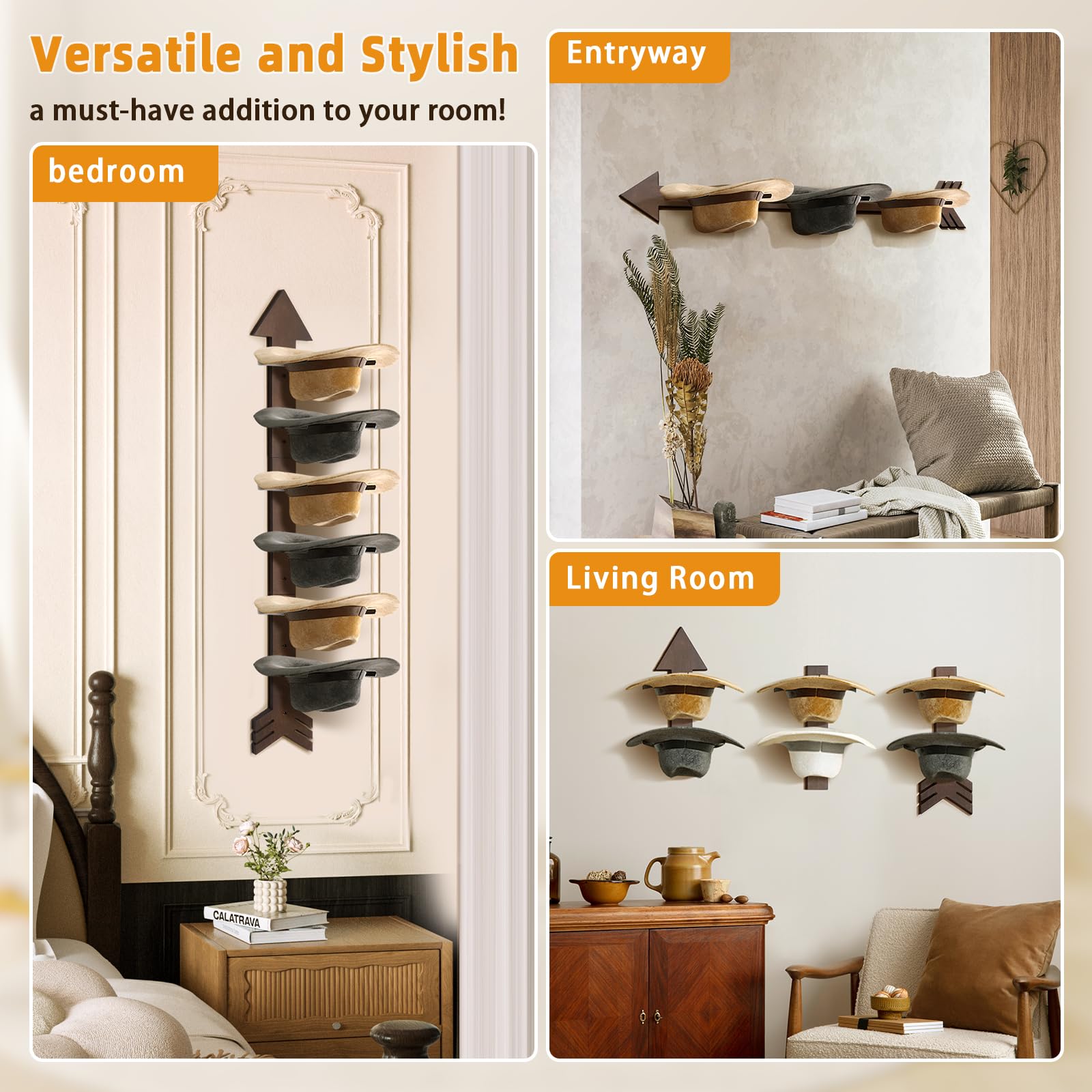 HYDERMUS sturdy wood and iron materials stand up to daily hat use.