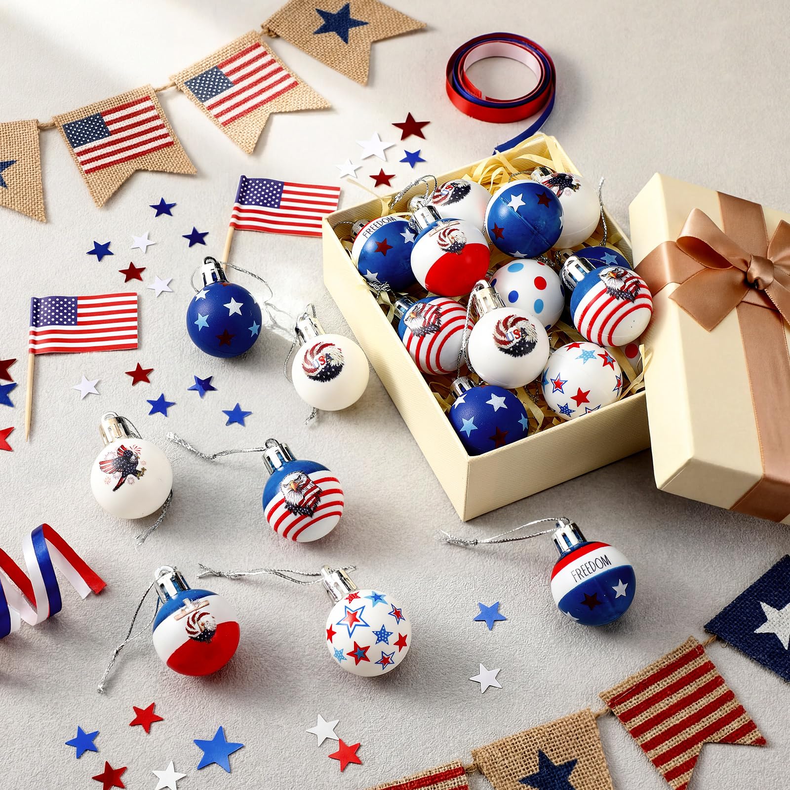 HyDren patriotic ornaments suitable for trees, wreaths, mantels.