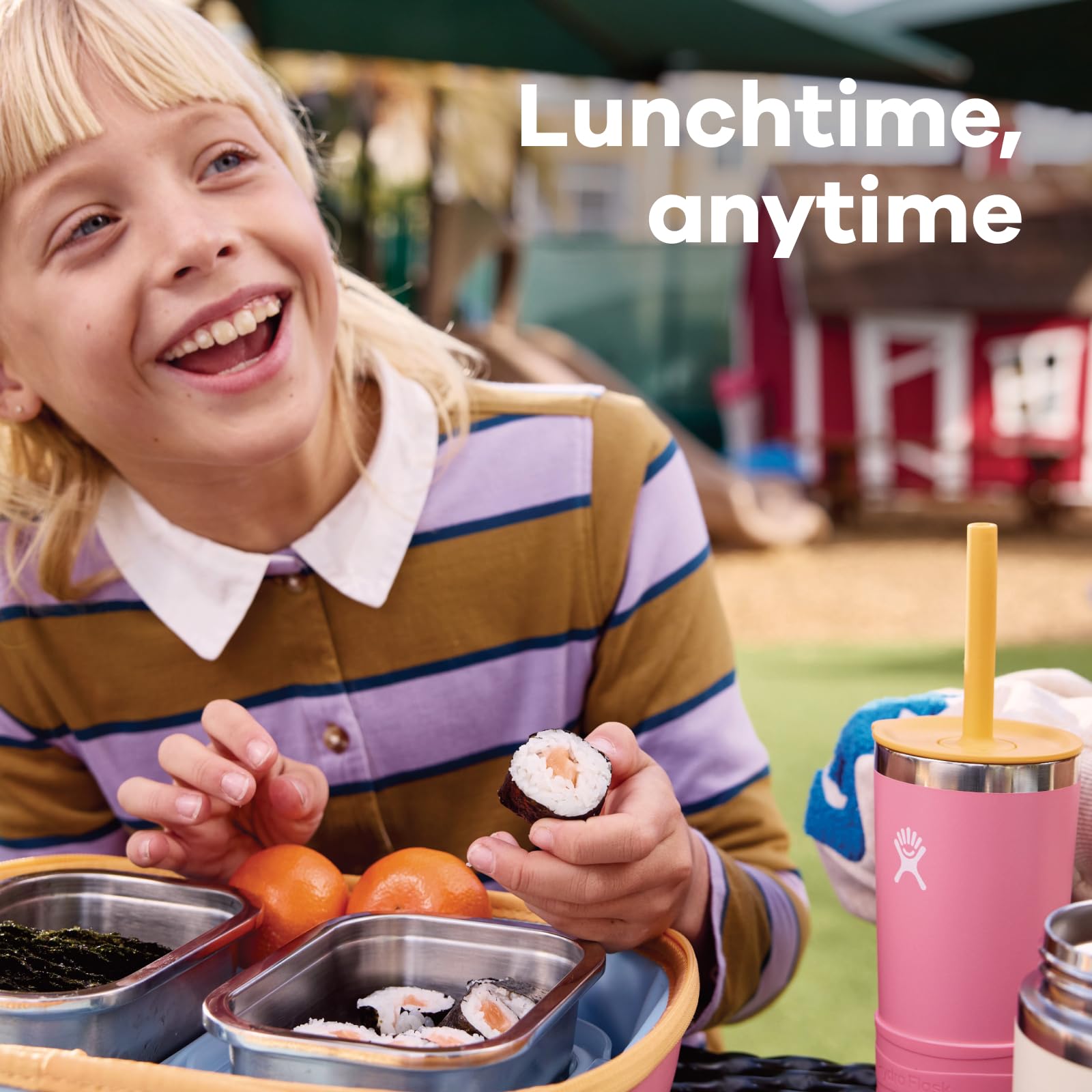 Hydro Flask lunch box carry handle for comfortable transport to class.