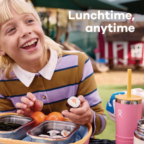 Hydro Flask lunch box carry handle for comfortable transport to class.