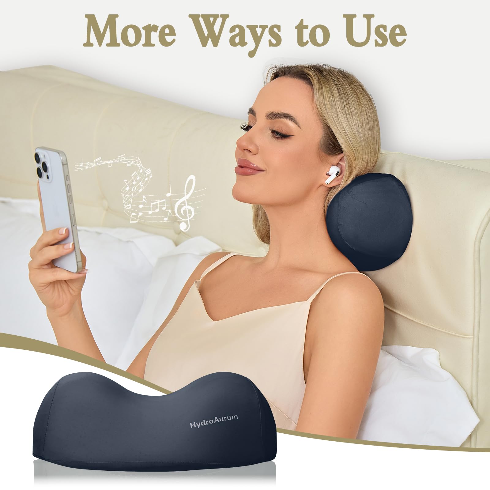 HydroAurum user relaxing with pillow on sofa before bed.