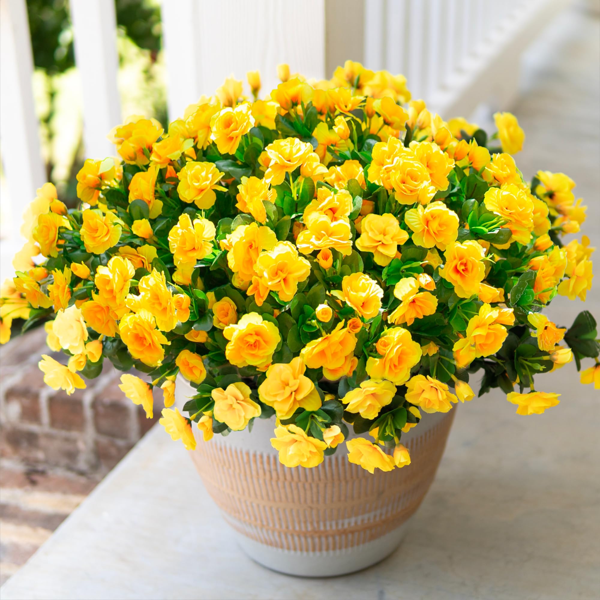 HyeFlora camellia branch close-up with bright yellow petals for durable outdoor display.