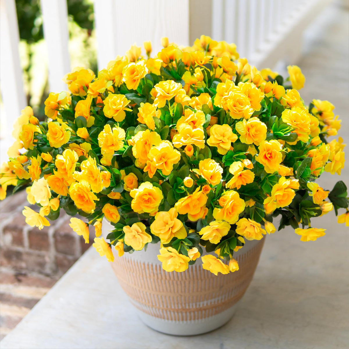 HyeFlora camellia branch close-up with bright yellow petals for durable outdoor display.
