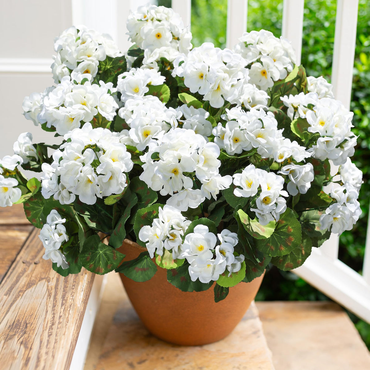 HyeFlora artificial geraniums six-bundle set for durable outdoor displays.