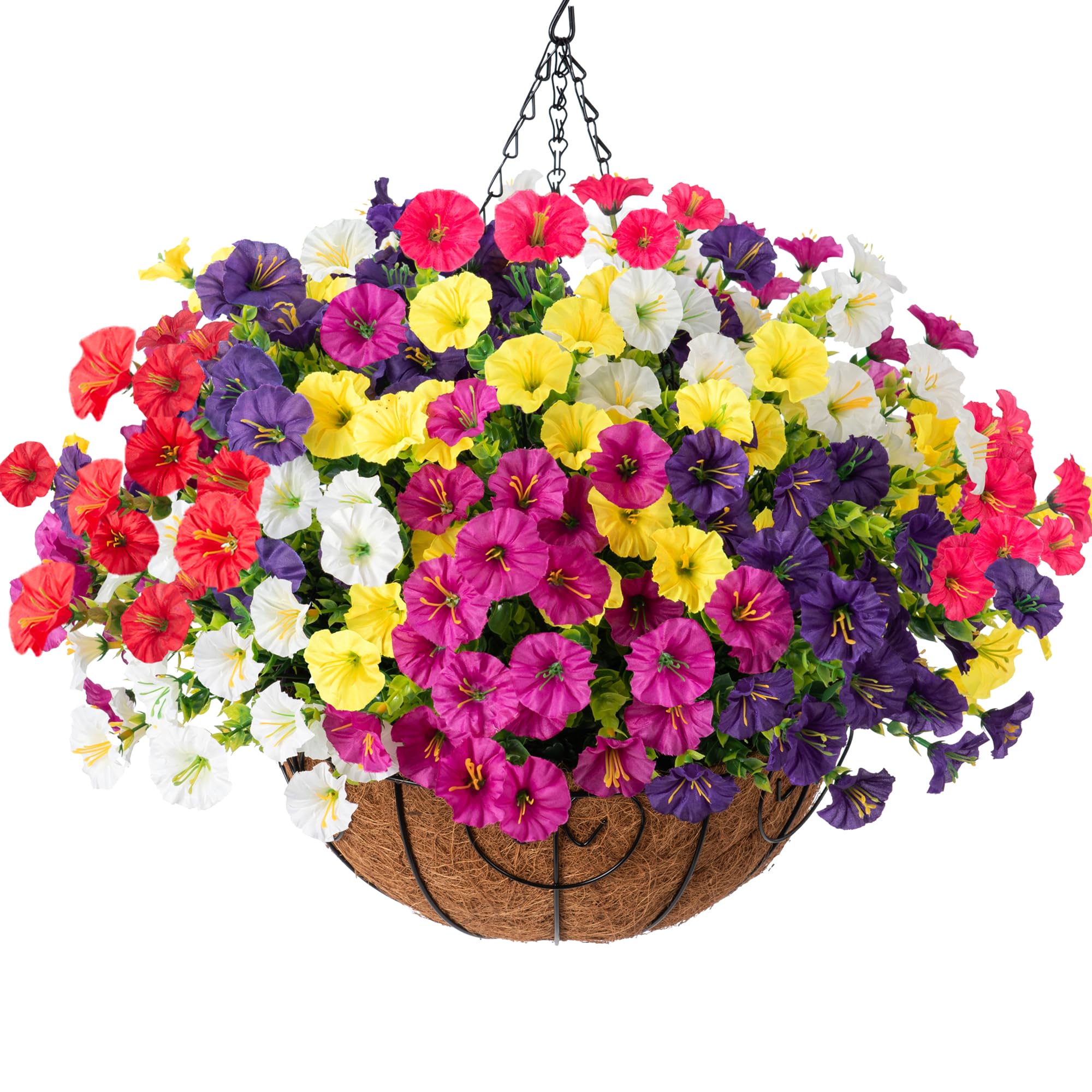 HyeFlora artificial hanging basket with morning glory blooms adds vibrant outdoor color.