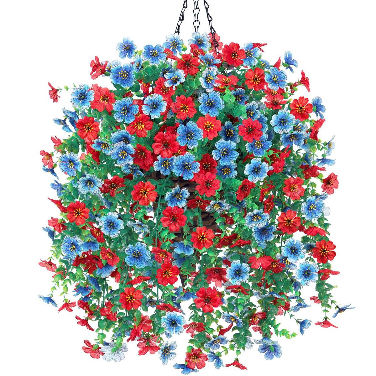 HyeFlora artificial hanging basket with blue and red daisies for lifelike curb appeal.