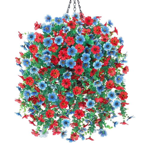 HyeFlora artificial hanging basket with blue and red daisies for lifelike curb appeal.