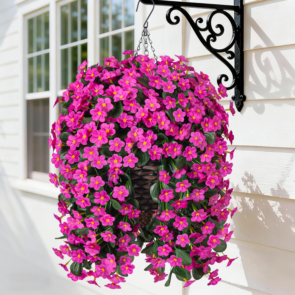 HyeFlora artificial hanging orchid basket adds year-round color to outdoor spaces.