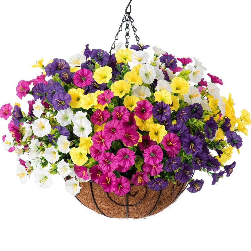 HyeFlora hanging basket with artificial flowers for outdoor curb appeal