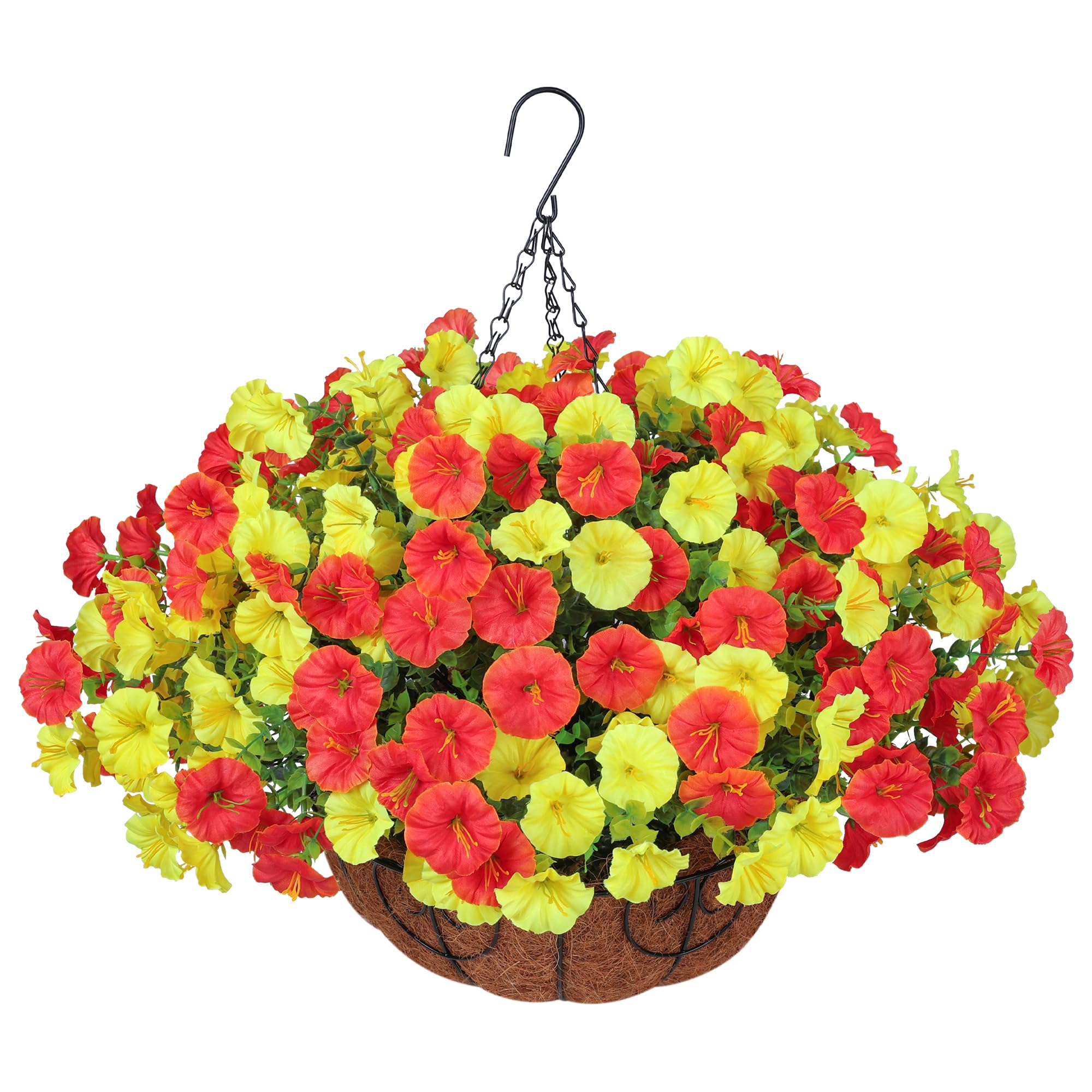 HyeFlora artificial hanging flowers basket adds spring color outdoors.