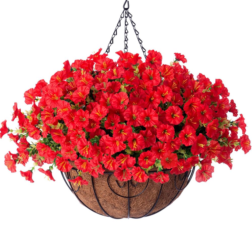 HyeFlora artificial hanging flowers in an outdoors basket for vivid spring decor.