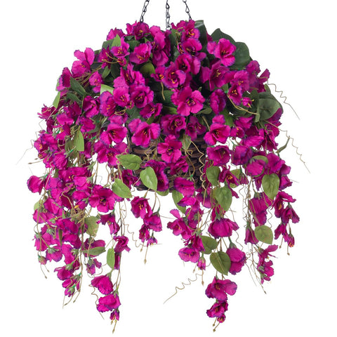 HyeFlora artificial hanging hibiscus basket with purple blooms for outdoor decor.