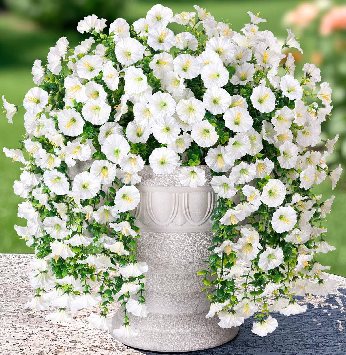 HyeFlora artificial morning glory with eucalyptus trailing vines for outdoor decor and wall accents.
