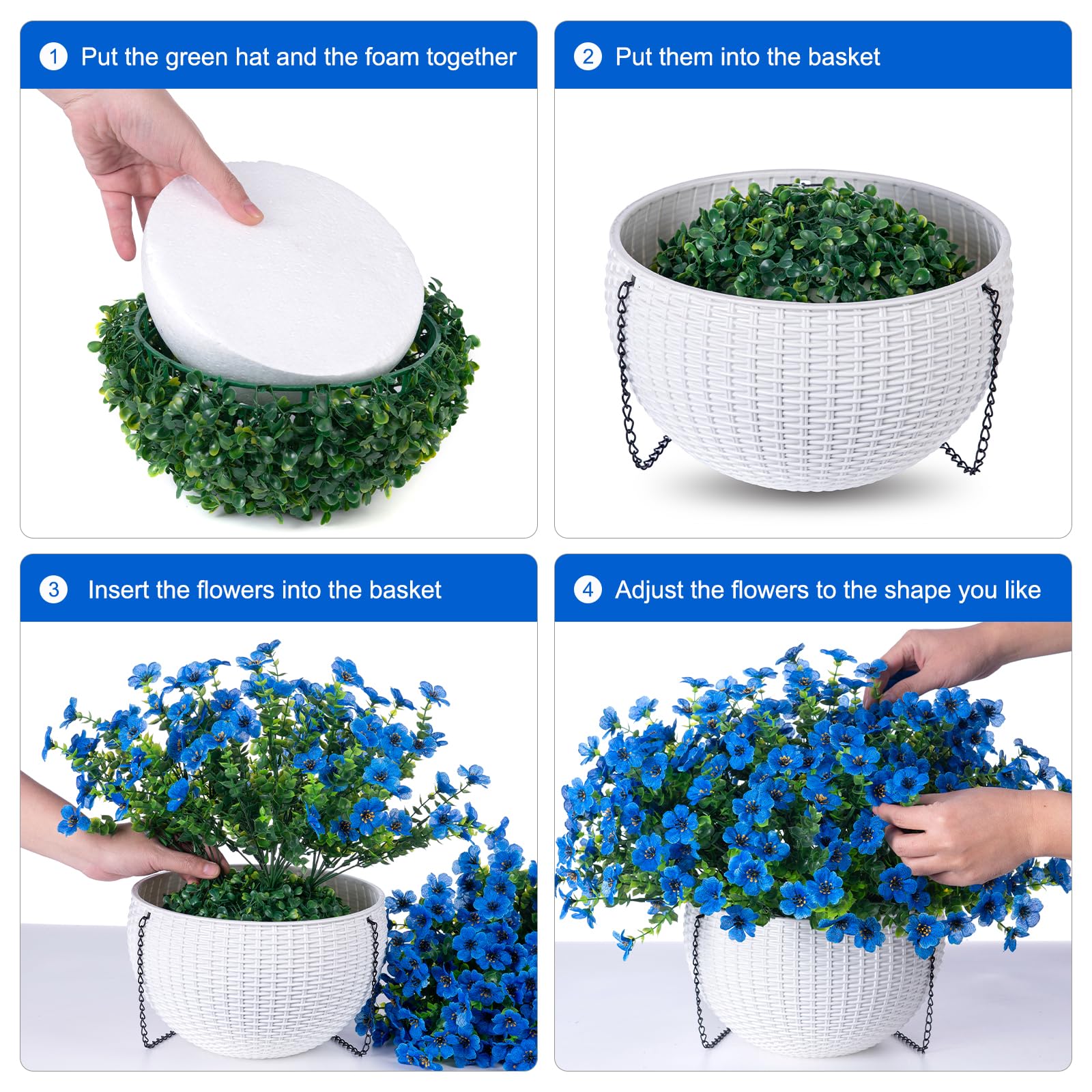 HyeFlora blue daisy hanging basket closeup reveals realistic silk petals