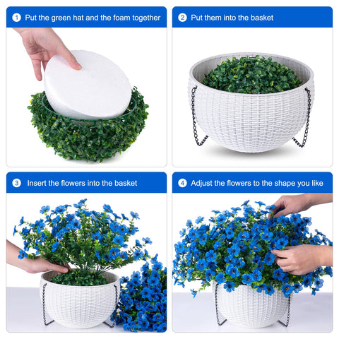 HyeFlora blue daisy hanging basket closeup reveals realistic silk petals