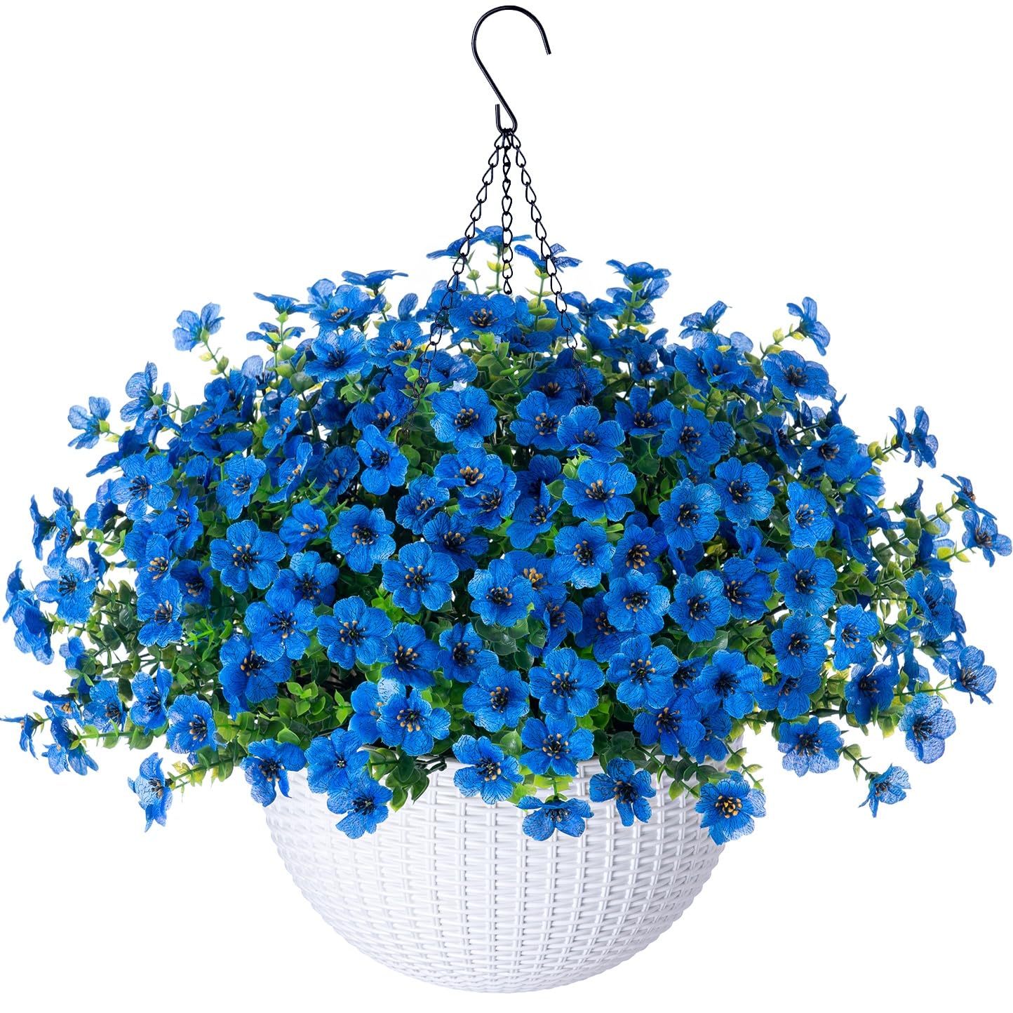 HyeFlora blue daisy hanging basket front view for outdoor decor and year round color
