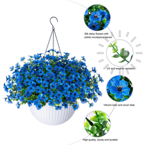 HyeFlora blue daisy hanging basket outdoors in a porch setup