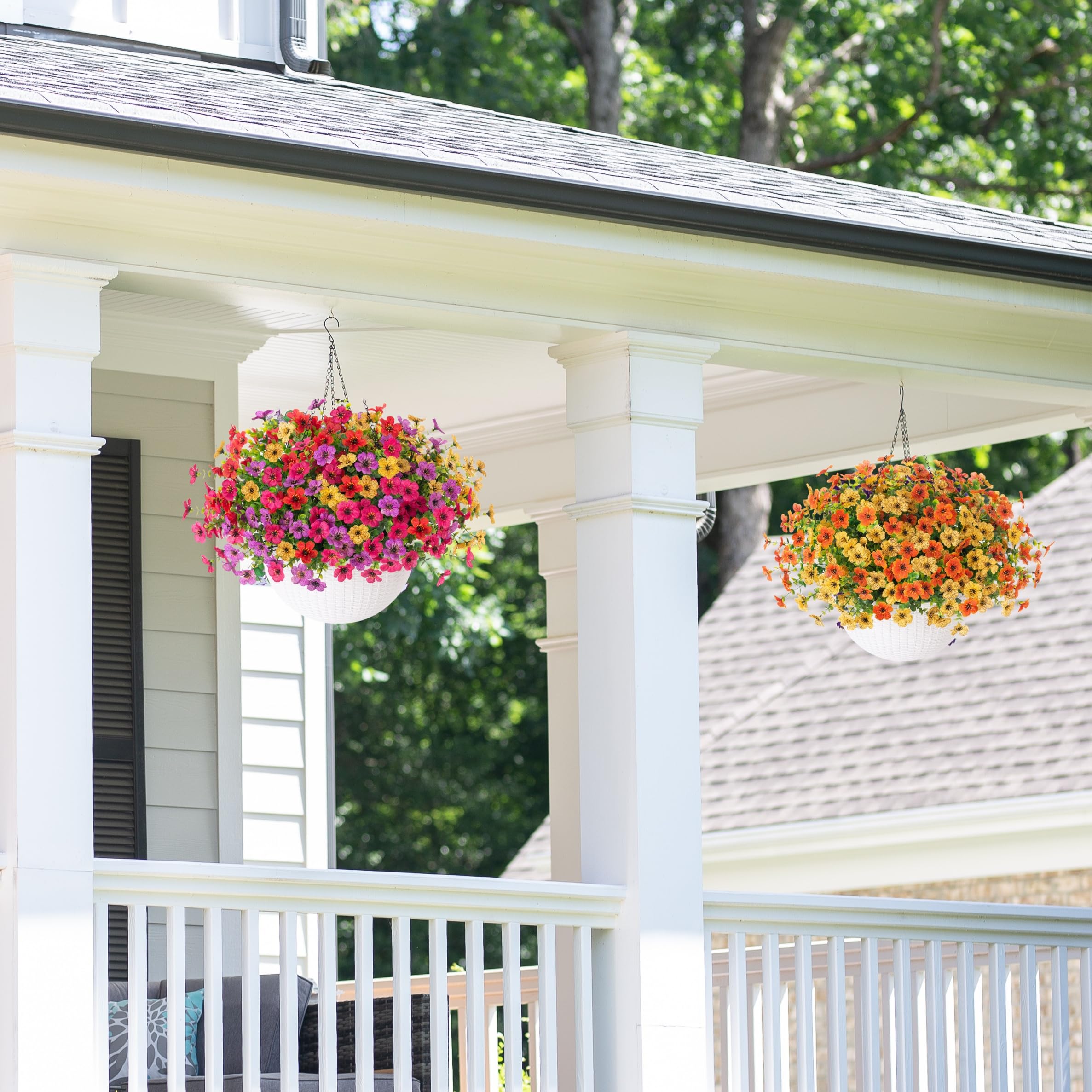 HyeFlora blue daisy hanging basket side view with UV resistant faux blooms