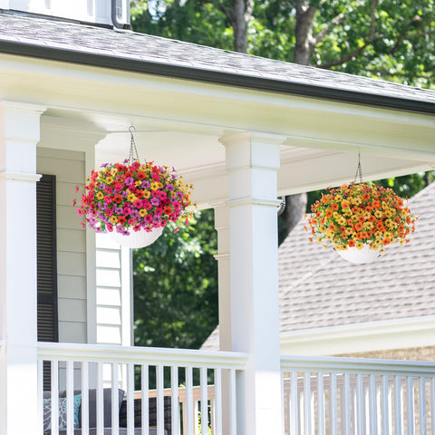HyeFlora blue daisy hanging basket side view with UV resistant faux blooms