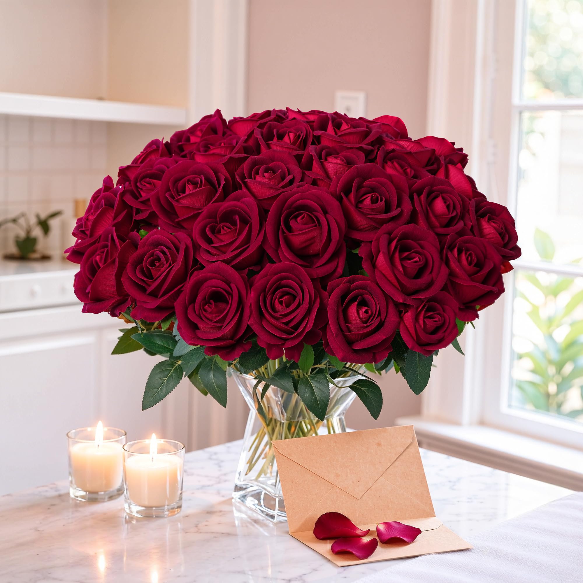 HyeFlora 50-piece burgundy rose set for DIY decor projects