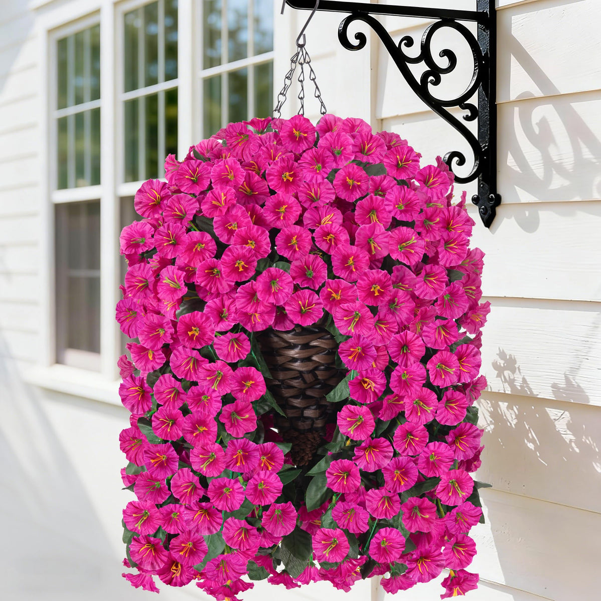 HyeFlora faux hanging flowers basket with fuchsia-morning-glory boosts outdoor charm.