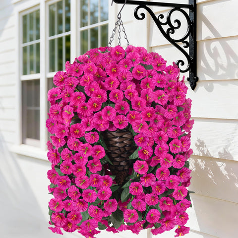 HyeFlora faux hanging flowers basket with fuchsia-morning-glory boosts outdoor charm.