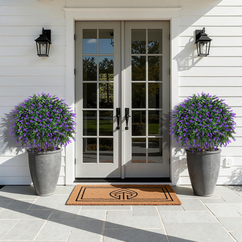 Porch or patio display featuring HyeFlora topiary on a stand