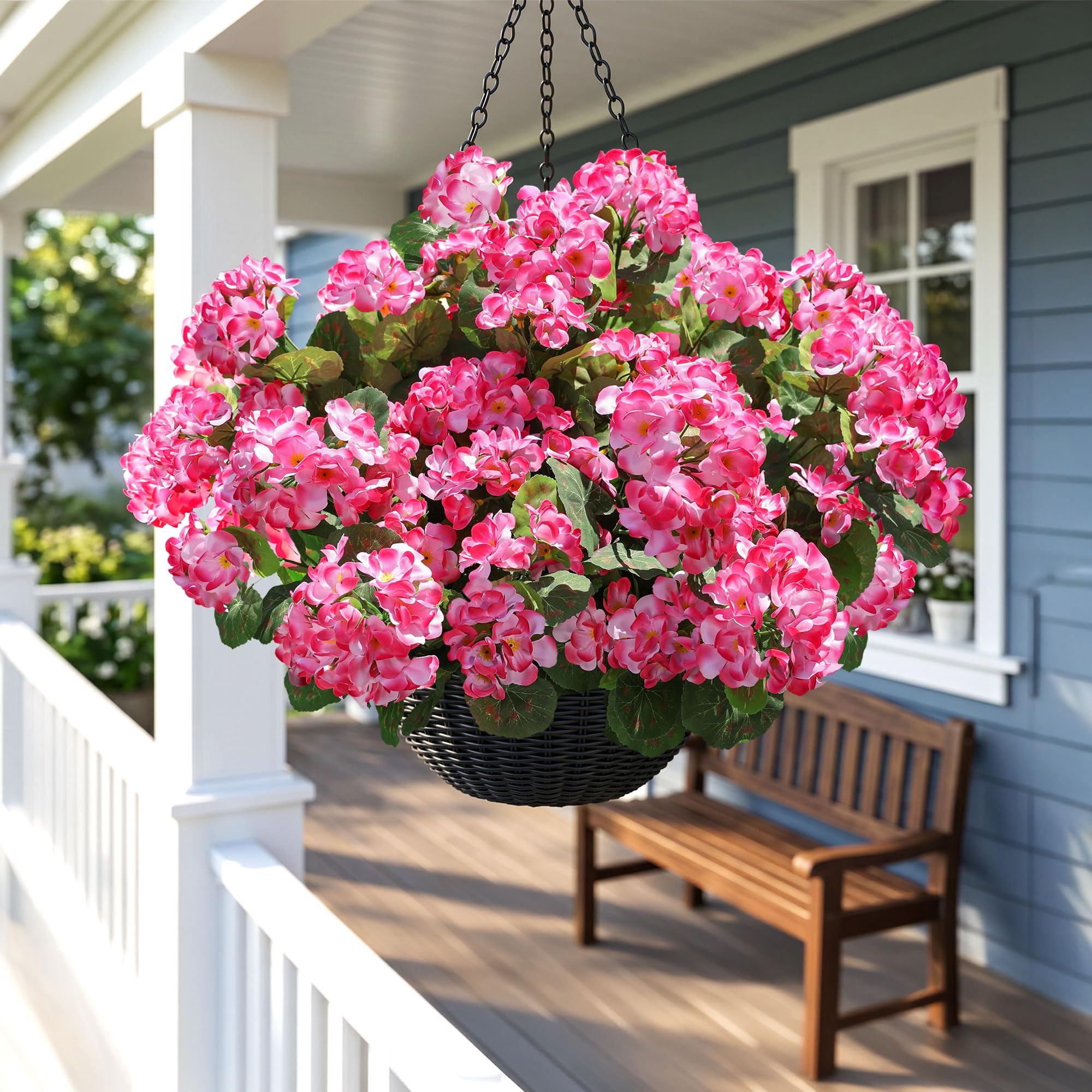 HyeFlora geraniums feature sturdy metal and plastic stems for outdoor displays.