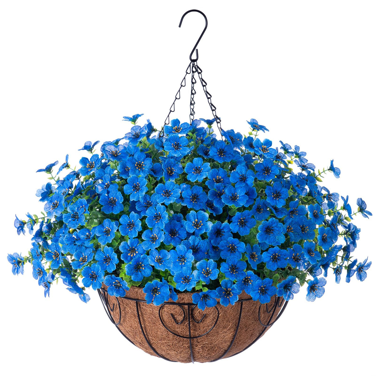 HyeFlora hanging basket with blue daisy display for year-round porch charm.