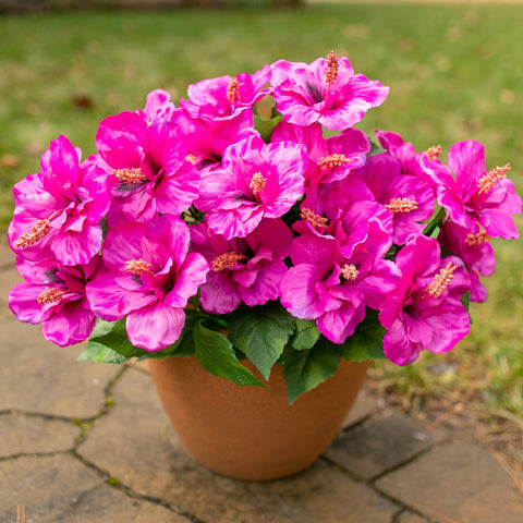 HyeFlora artificial hibiscus bundle in garden setting with UV protection