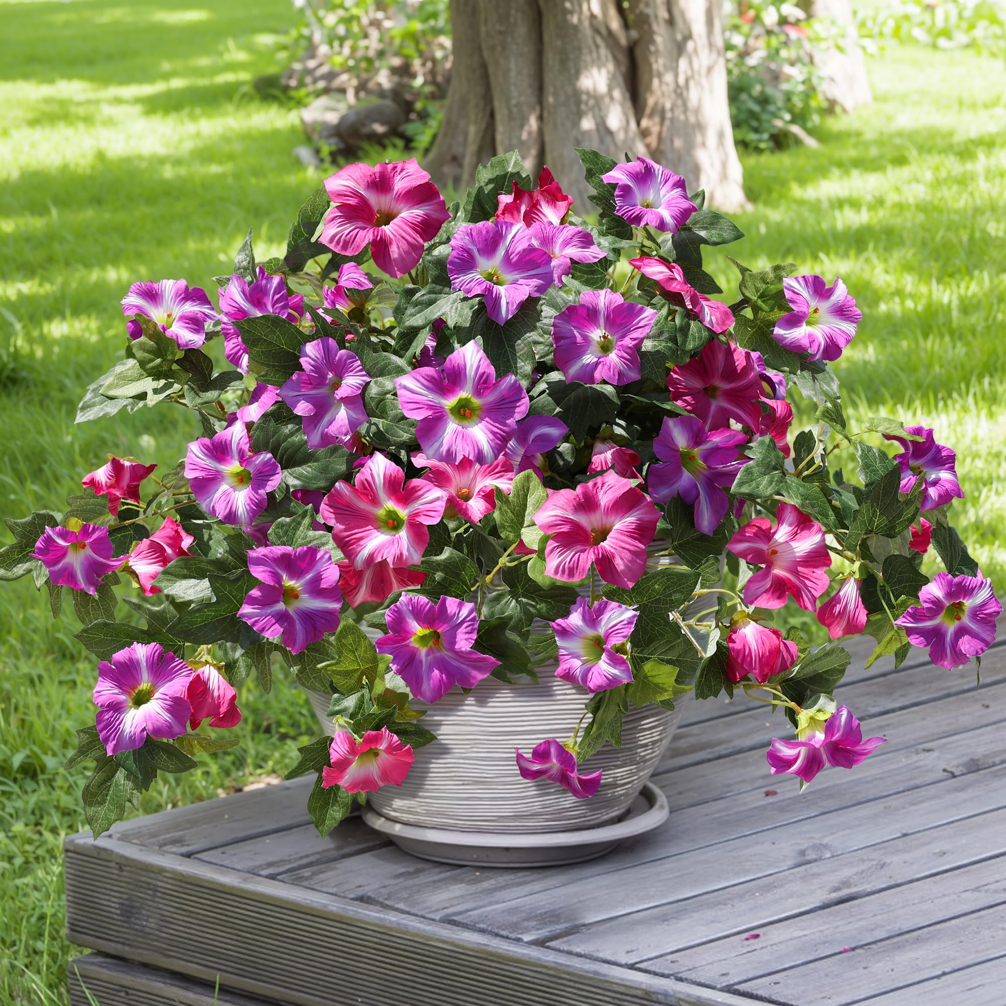 HyeFlora front porch decor with fuchsia petunias adds instant curb appeal.