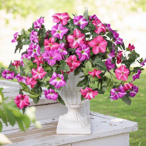 HyeFlora outdoor petunias silk flowers in fuchsia brighten planters with UV‑resistant color.