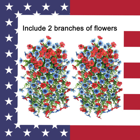HyeFlora red and blue realistic faux flowers brighten porches and balconies.