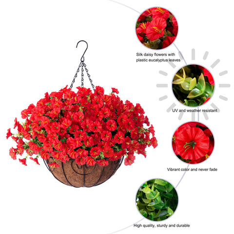 HyeFlora red artificial flowers in a basket for outdoor gardens.