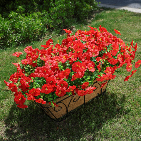 HyeFlora red morning glory with eucalyptus leaves offers lifelike color for garden planters.