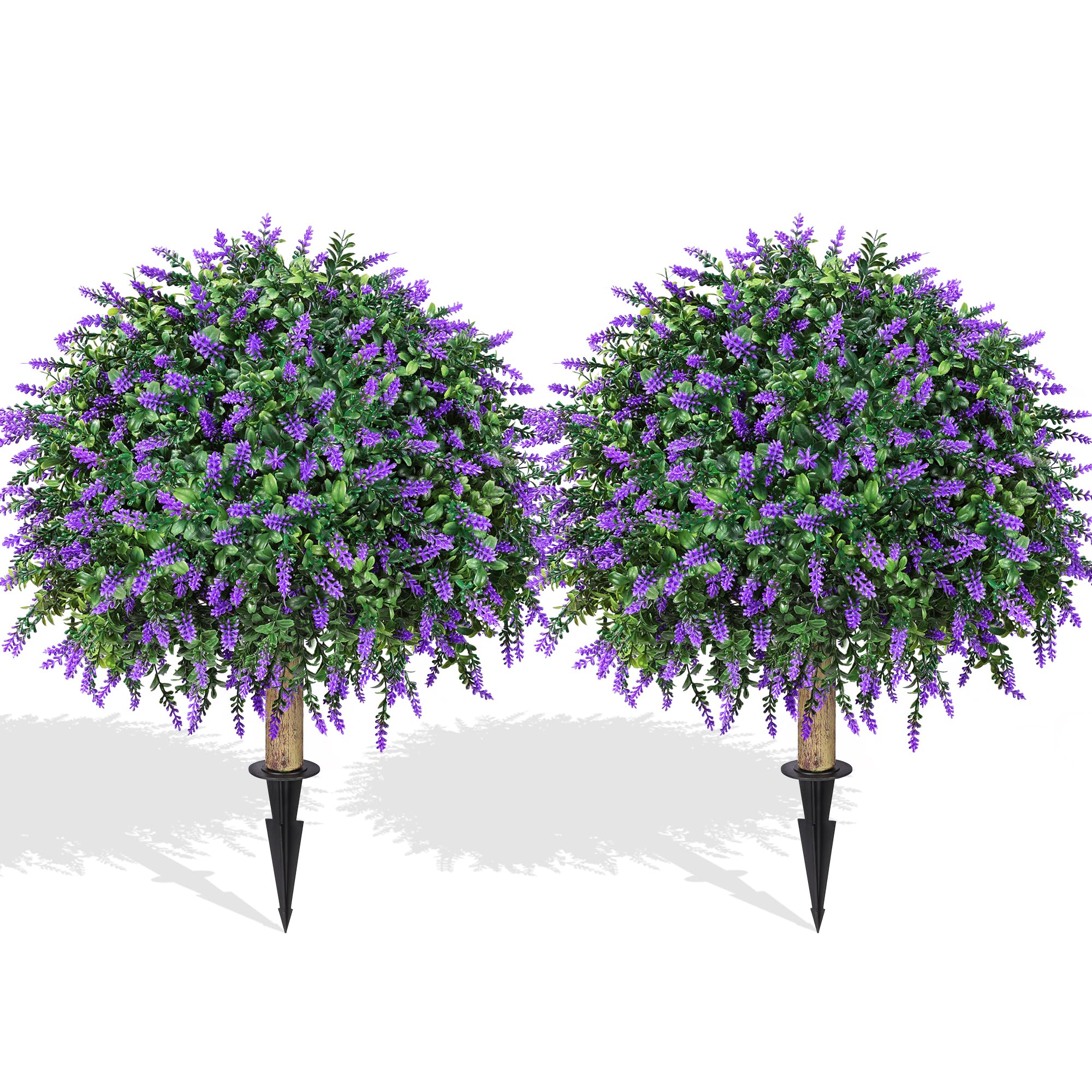 Close-up of green boxwood topiary with lavender crowns by HyeFlora