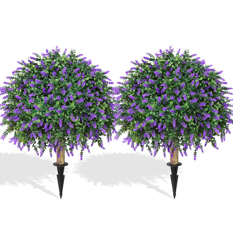 Close-up of green boxwood topiary with lavender crowns by HyeFlora
