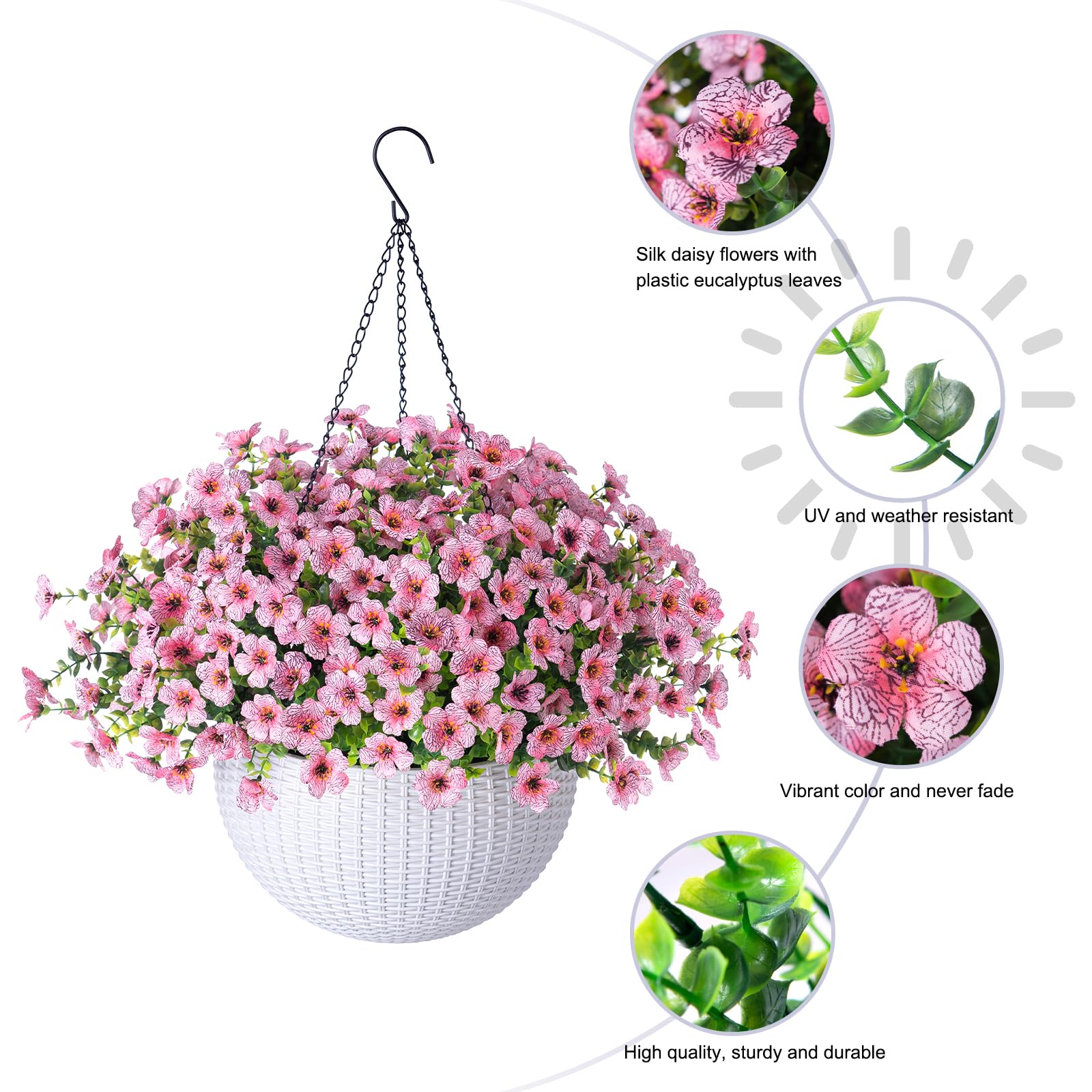 HyeFlora year-round pink daisy hanging basket decor