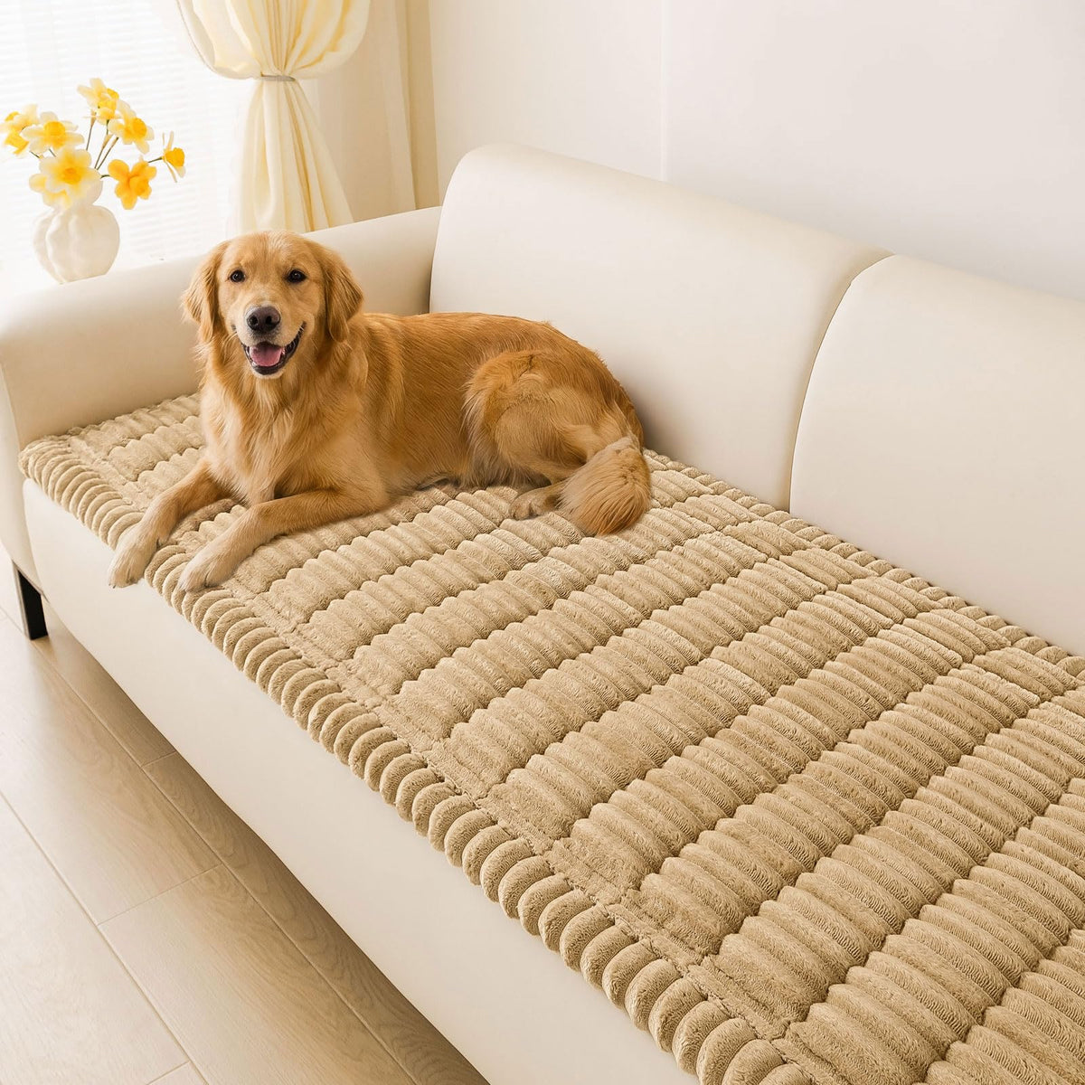 Hyha couch cover for dogs in camel on a 3-cushion sofa protects from scratches.