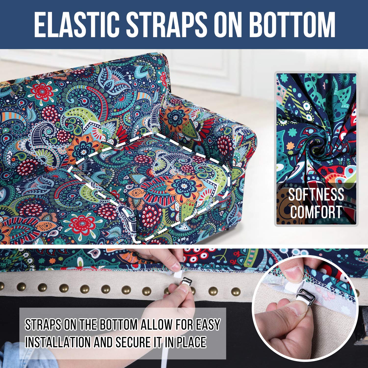 Hyha Paisley floral slipcover pattern closeup reveals print detail and texture.