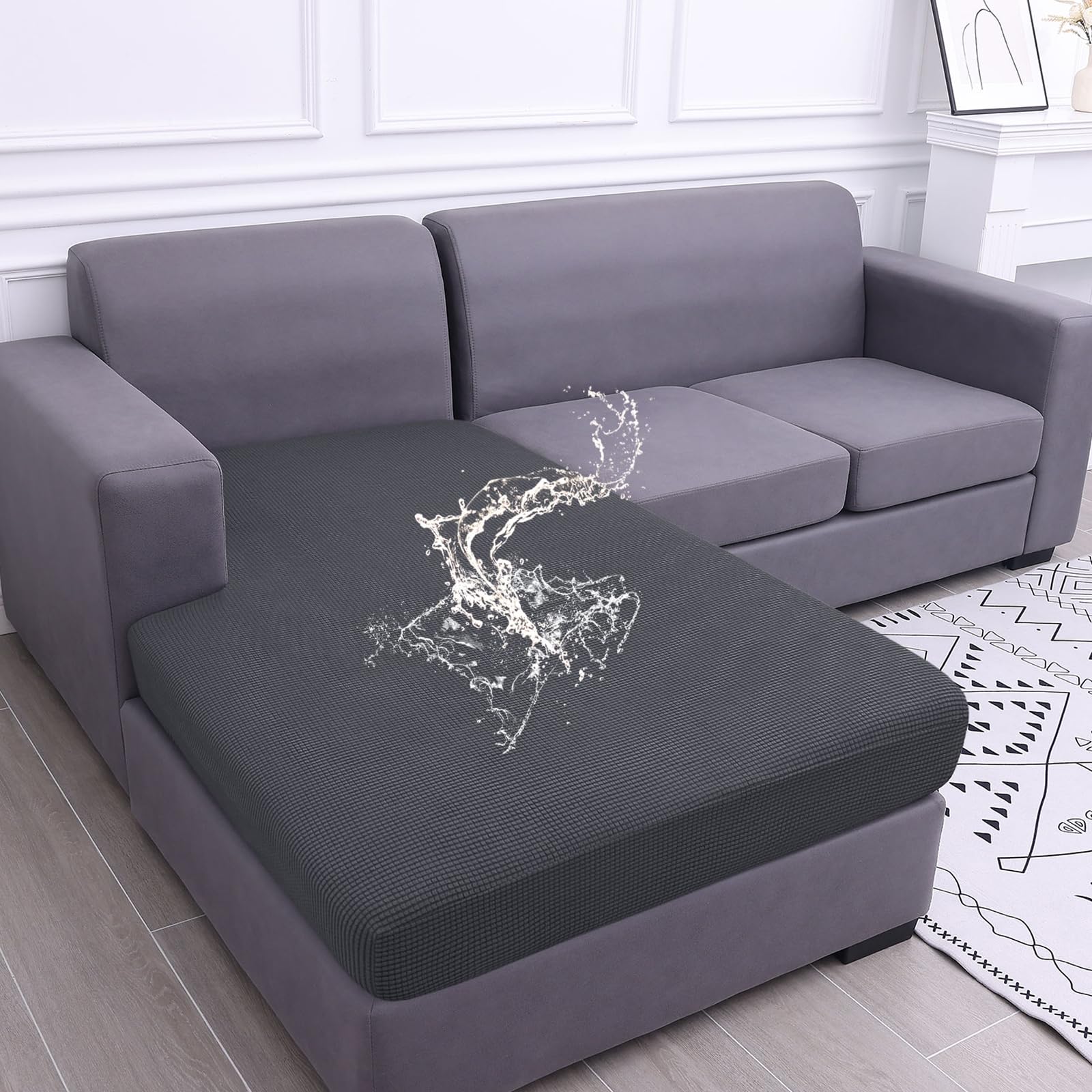 Hyha waterproof cushion cover on L-shaped sofa protects against spills