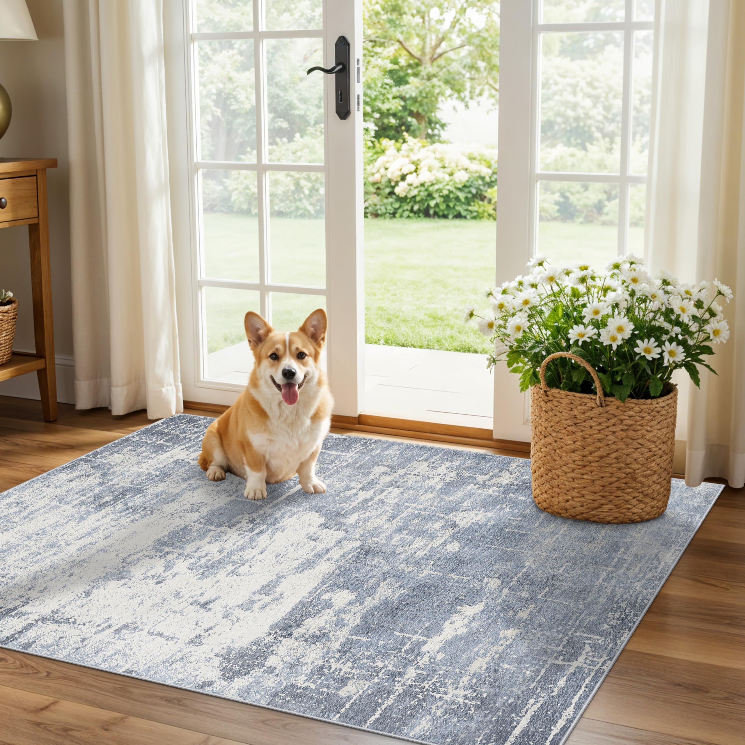 HY Hao Yun Lai washable 3x4 kitchen rug—blue and ivory for easy cleaning and daily durability.