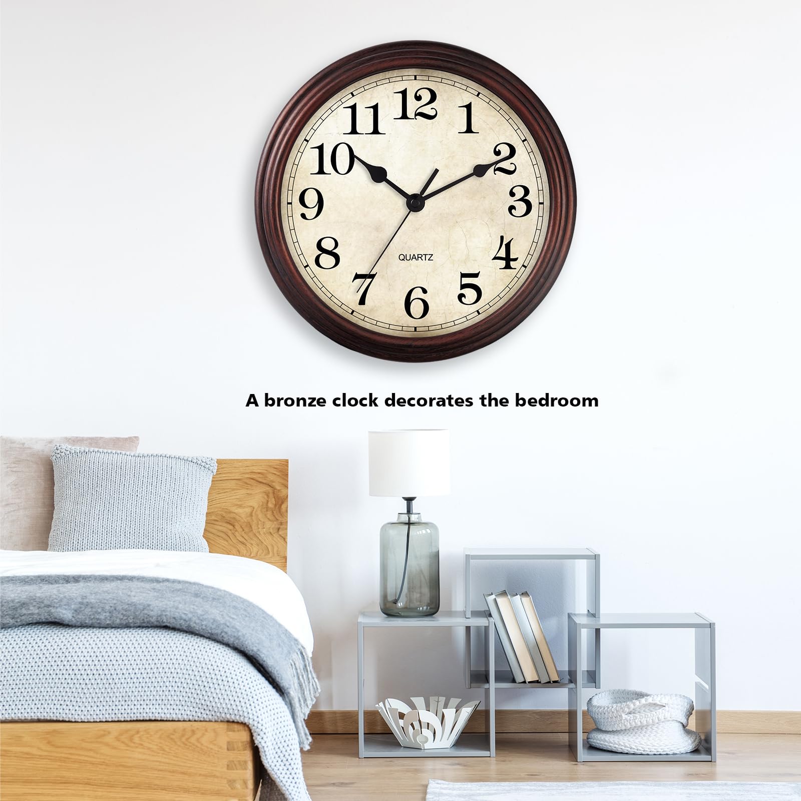 HYLANDA bronze wall clock displayed in a living room setting.