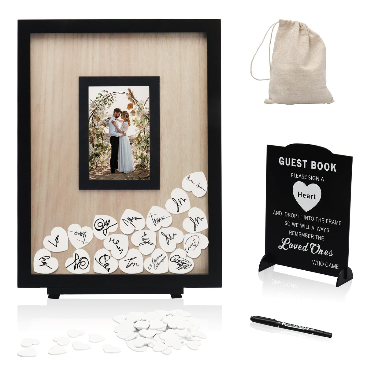 HYMENEX wedding guest book frame with blank hearts for guest signatures.