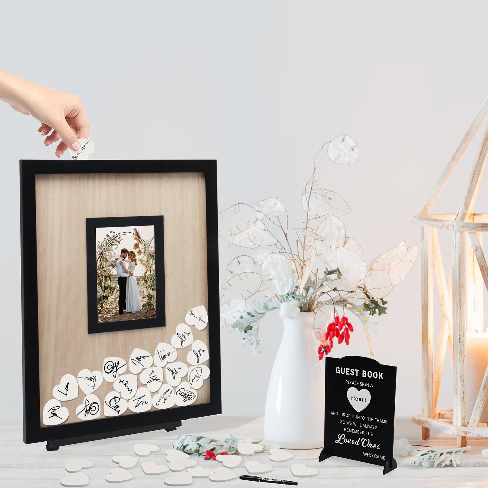 HYMENEX wooden hearts provide a rustic-signing experience.