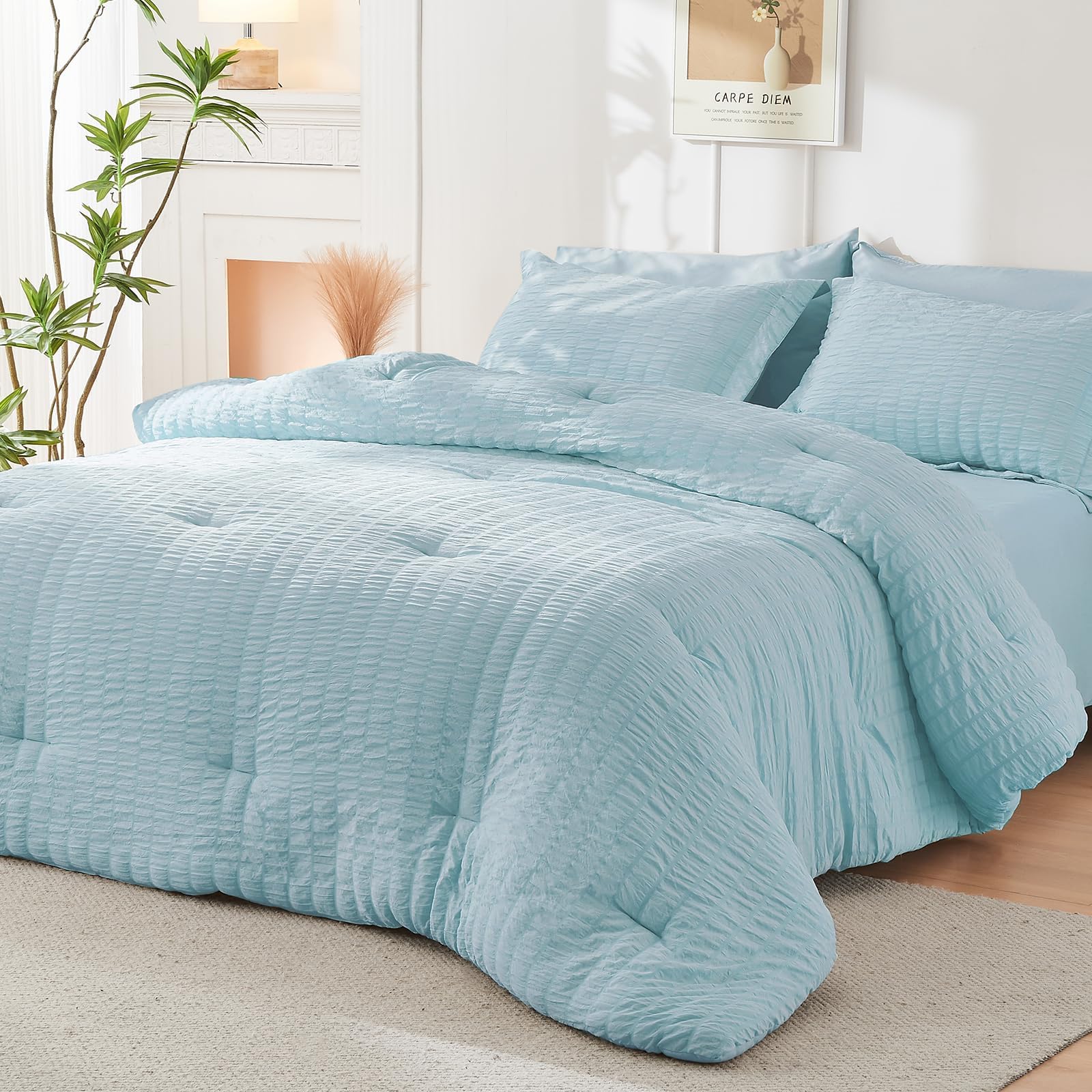 HYMOKEGE Bedroom ambience shot with lake-blue bedding for inviting vibe